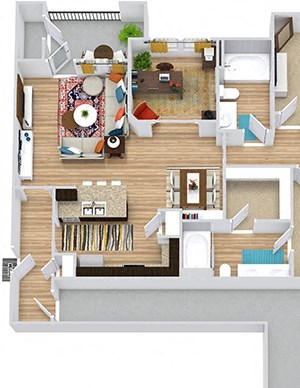 Leon with Attached Garage 3D Leon with Attached Garage 3D. 2 bedroom apartment + study room. Kitchen with bartop open to living/dinning rooms. 2 full bathrooms, double vanity in master. Walk-in closets. Patio/balcony.